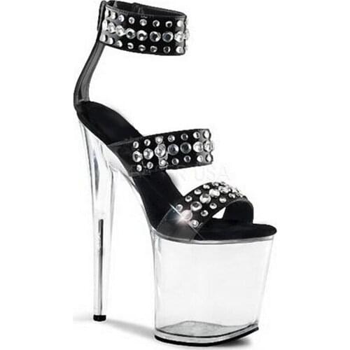 Sexy fashion high heel sandals, rivet vamp transparent waterproof platform, 20 cm high heel steel dance sandals