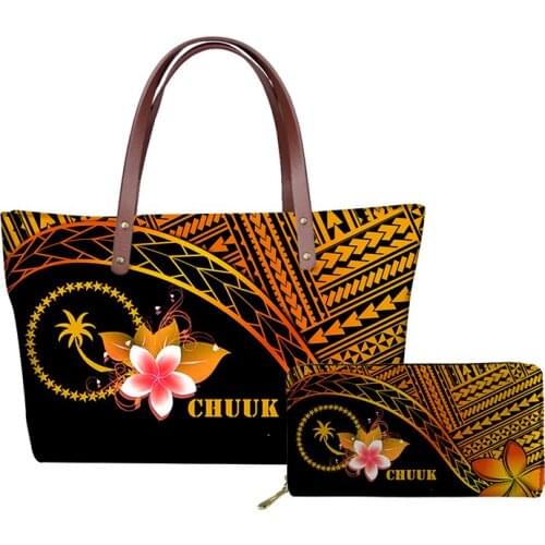Pohnpei Tribe Plumeria Pattern Totes and Purse 2pcs Set Luxury Zipper Handbags for Women Large Capacity Shoulder Bags sac a main