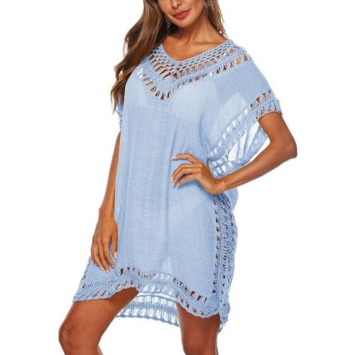 Loose Sexy Bikini Cover Up Women Bat Short Sleeve Hollow Out V Neck Cover Up Dress for Beach swimsuit women 2021 fashion