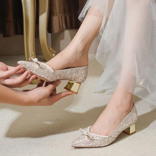 Shoes for Women Sequins Pearls Bow Sexy Shape Pointed Toe Thick Gold 4cm Heels Evening Date Beautiful Female Pumps Princess