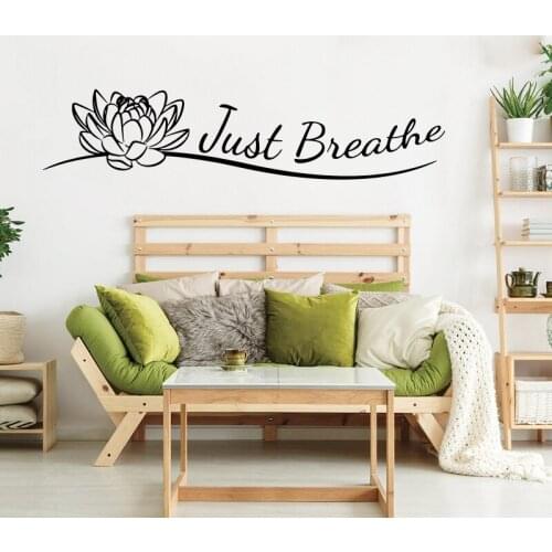 Indian Yoga Studio Just Breathe Meditate Wall Sticker Yoga Buddhism Lotus Flower Just Breath Wall Decal Girl Room Vinyl Decor