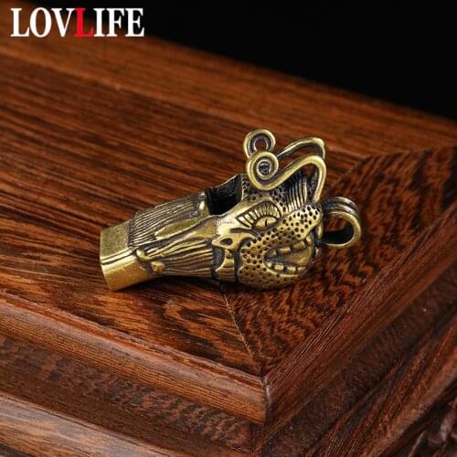 Vintage Brass Dragon Head Whistle Car Keys Chains Pendants Men Women Outdoor Survival Tools Whistles Necklaces Keychains Hanging