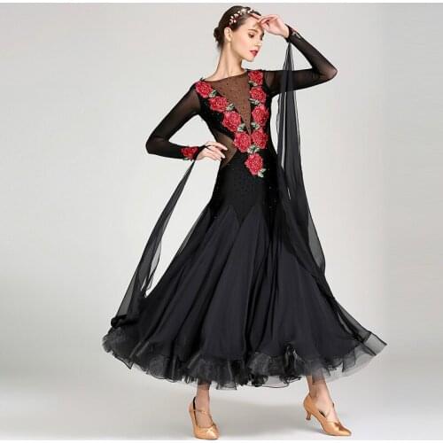 Embroidery Waltz Tango Standard Flamenco Womans Ladies Ballroom Dance Competition Dance Wear Dresses Black Mesh Long Sleeve
