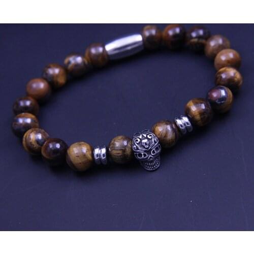 Wonlee Winle 8.5mm Tiger Eye Stone Beaded Stretch Bracelets for Men&Women Stainless Steel Skull Charms Strand Bracelet