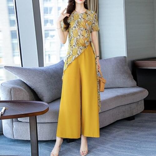 New Women Summer Chiffon Womens Set Short Sleeve Asymmetry Print T Shirt Top Wide Leg Pants Suit 2 Piece Sets Casual Lady