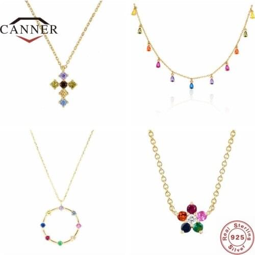 CANNER 925 Sterling Necklace for Women Color Diamond Rainbow flower Pendant Necklace Female Choker Necklaces Jewelry collares