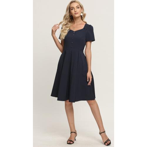 S.FLAVOR Navy Square Collar Women Summer Dress Elegant Single Breasted Short Sleeve Sundress Female Retro A-line Working Clothes