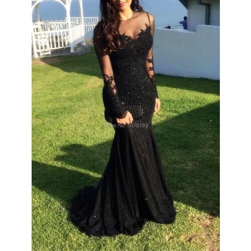 E2 Black Fashion O-Neck Natural Long Sleeves Mermaid/Trumpet Floor-Length Evening Dresses/Women Gowns Appliques Free Shipping