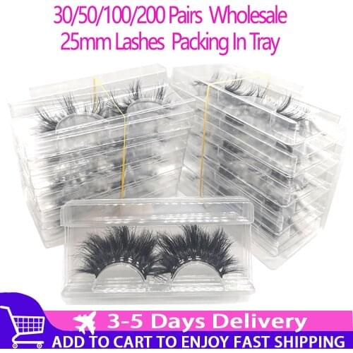 30/50/100/200Pairs Wholesale 25mm 3D Mink Eyelashes 5D Mink Lashes Packing In Tray Label Makeup Dramatic Long Mink Lashes