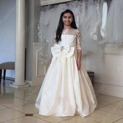 Amaya White Ivory Flower Girl Dress A-Line Half Sleeve Lace Sheer Neck Bow Satin Girls First Communion Dress Pageant Gown