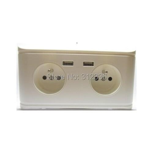 Free Shipping French type four circle Holes 250V 16A 2 USB DC 5V 2000mA white panel wall Socket French style