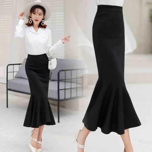 Free Shipping 2021 Fashion Long Mid-calf Skirt For Women XS-3XL Mermaid Style Stretch Ruffles Black And White High Waist Skirts