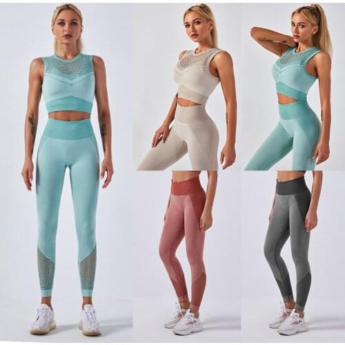 Seamless Sport Set Women Two Piece Crop Top Leggings Workout Clothes Outfit Hollow Fitness Gym Suit Sports Wear Yoga Sets