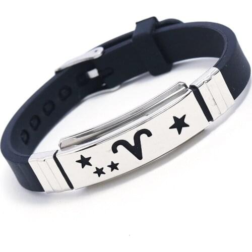 Black Aries Cancer 12 Constellations Titanium steel Cuff Bangle Male silica gel Men Bracelets Fashion Jewelry Wholesale Women