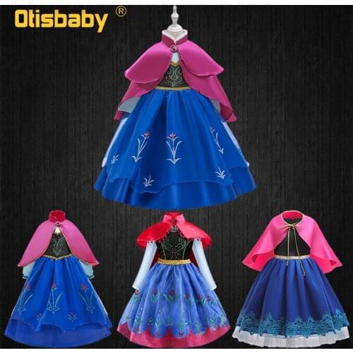 Girls Birthday Princess Anna Costume Kids Long Sleeve Floral Lush Dress The Snow Queen Carnival Anna Cosplay Costume Child Robe