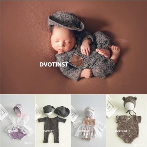 Dvotinst Newborn Baby Photography Props Knit Outfits Bonnet Lace Dress Hat Set Fotografia Accessories Studio Shoot Photo Props