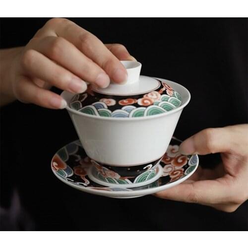 Enamel gaiwan teaware bowl Jingdezhen ceramic auspicious cloud tea bowl tureen glazed color large three-cai bowl