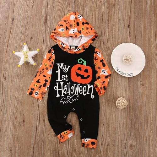 Halloween Costumes For Baby Girls Boys Romper Pumpkin Printed Hoodie Newborn Infant Jumpsuit Cute Baby Halloween Costumes 1 Year