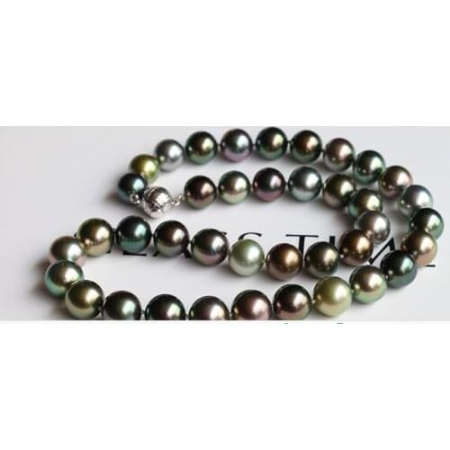 Free shipping stunning 11-12mm round black green multicolor pearl necklace 925
