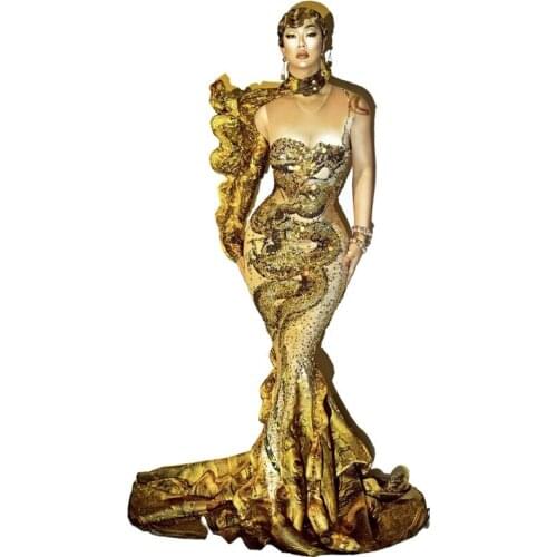 Sparkly Rhinestones Gold Dragon Pattern Floor-length Tailing Mermaid Dress Evening Party Singer Host Model Catwalk Stage Dress