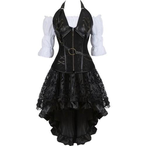 Corset dress skirt 3 piece leather corset steampunk pirate lingerie bustiers corsetto irregular burlesque plus size black brown