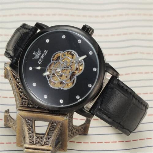 SEWOR Fashion Design Rose Flowers Men Watches Leather Strap Automatic Mechanical Skeleton Watches With Diamond relogio masculino