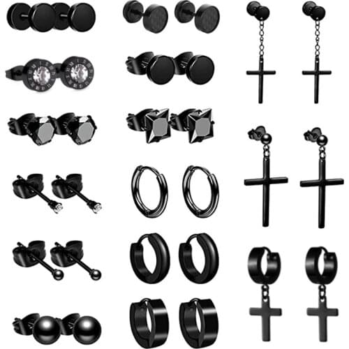 15 Pairs Fashion Black Stainless Steel Stud Earring Set Mens and Womens Jewelry Earrings Huggie Hinged Ring Cross Earrings