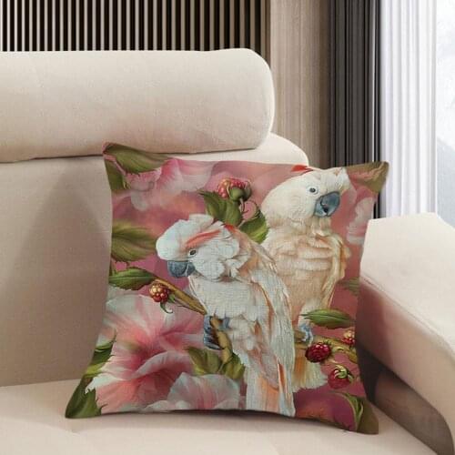 Pair Of Birds Pattern Cushion Cover Fauxlinen Decorative Parrot Couch Sofa Pillows Throw Plants Decor Pillowcase Home Tropi K5E4