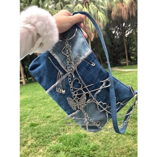 2021 New Female Bag Original Homemade Denim Stitching Bag Shoulder Bag Metal Chain Decoration Fashionable Womens Underarm Bag