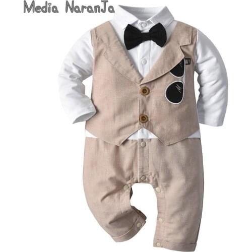 2020 Autumn Childrens Wear Gentleman Bow Tie Babys Romper Long-Sleeved Open Fake Two-Piece Romper Baby out Jump Suit