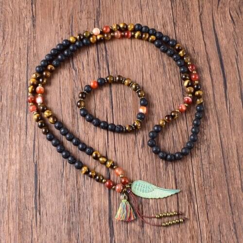 Lava Stone, Tigers Eye, Lace Onyx 108 Mala Necklace Wings Pendant and Tassel Necklace Womens Accessories Vintage Jewelry