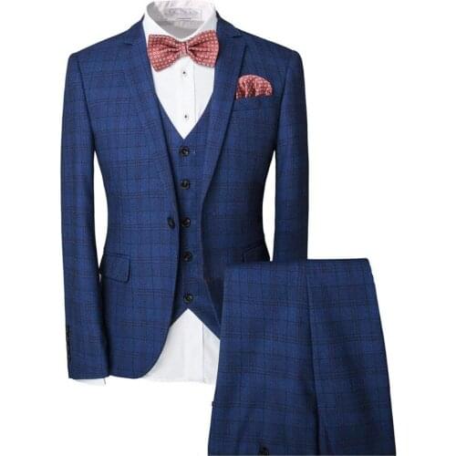Jacket+Pants+vest) Men Suits Men Fashion grid stripe High quality England Mens Slim Fit business wedding Suit men Wedding suit