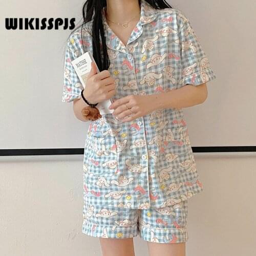WIKISSPJS Summer Korean Short Sleeve Shorts PAJAMAS Two Piece Student Cute Cartoon Home Clothes Lounge Wear Kawaii Pajama