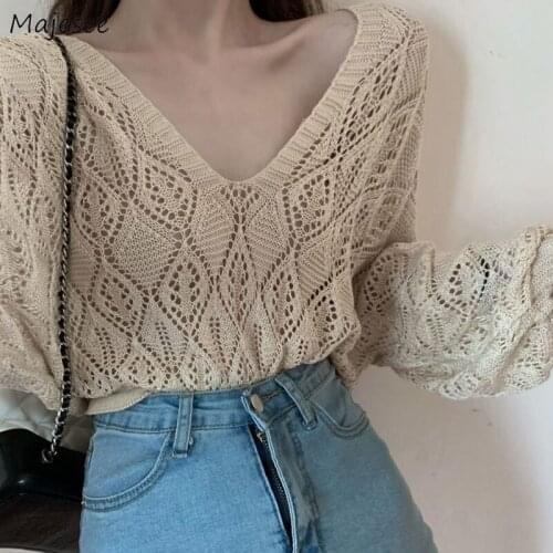 Pullovers Women Spring Hollow Out Design Fashion All-match Simple Mujer De Moda Harajuku Preppy Style V-neck Backless Knitted