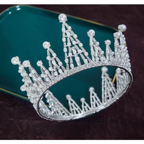 Crystal Pearl Wedding Bridal Tiaras Round Crowns Women Hair Accessories Rhinestone Hair Jewelry Pageant Diadem Baroque Headband