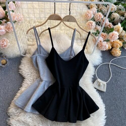 Street Sexy Style Spaghetti Strap Top Slim Waist Casual Chic Ruffled Peplum Comfortable Small Top