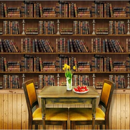 Vintage Wall Stickers Library Old Wooden Bookshelf Books 3D Bookshelf PVC Sticker Wall Stickers Wallpaper Living Room Decoration