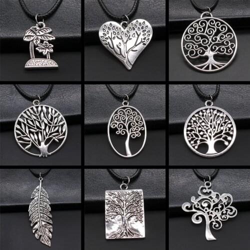 Vintage Women Jewelry Gift Tree Leaf Branch Pendant Necklace Tree Of Life Necklace Black Leather Chain Necklace