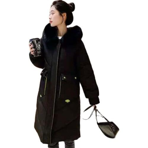 2021 Winter Womens New Long Puffer Jacket Color Fur Collar Hooded Fluffy Cotton Coat Korean Women Thicke Warm Loose Parkas