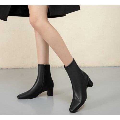New Womens Boots High Quality Genuine Leather Comfortable Zipper Fashion Square Toe Handmade Shoes Elegant Ankle Boots