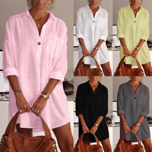 Elegant Women Solid Color V Neck Long Sleeve Pocket Button Loose Long Shirt Mini Dress Length vestido de mujer Summer Dress 4XL
