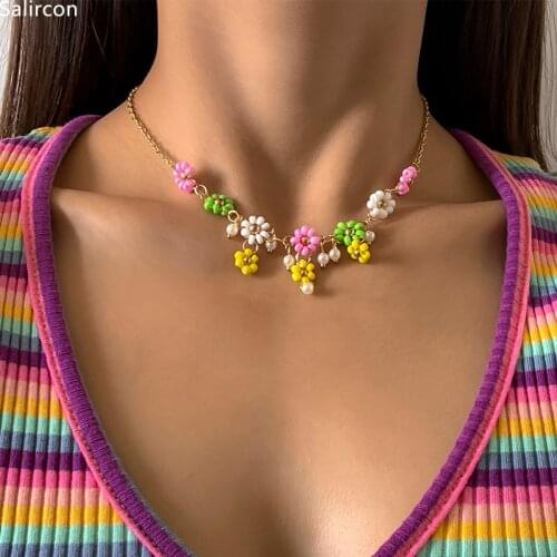 New Fashion Cute Colorful Flowers Pendant Necklace For Women Girls Short Clavicle Chain Choker Necklace Bohemian Jewelry Gifts