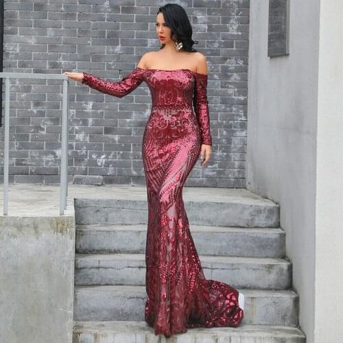 2020 Womens Dress Fathion One Shoulder Sexy Retro Elegant Sequin Party Banquet Red Carpet Mop Long Dress