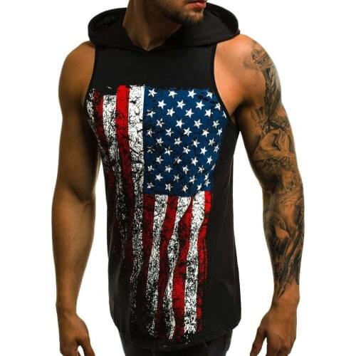 Men Hooded Vest Printing Sleeveless Nylon Breathable Summer Fitness Top for Summer Tank- Tops Loose Tees Casual Mens Clothing