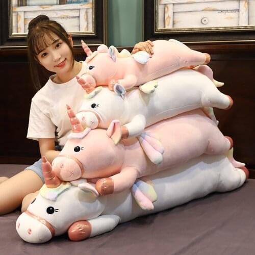 1pc 80/100/130CM kawaii Large Lying Unicorn Plush Toys Stuffed Lovely Animal Soft Unicorn Cartoon Pillow for Children Girl Gift