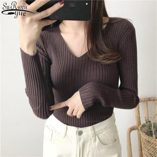 2021 Fashion Solid Pullover Sweater Women Autumn and Winter V-neck Knitted Long Sleeve Slim Warm Womens Sweaters 10308