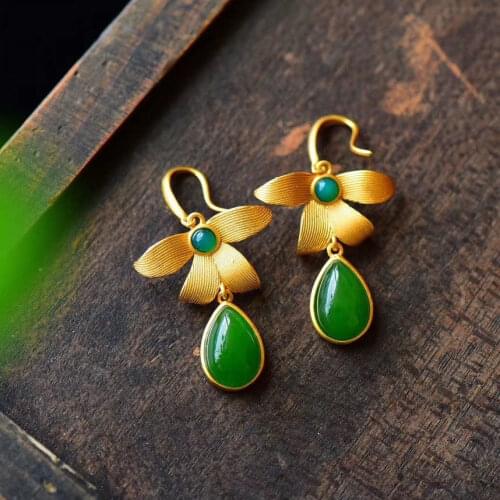 Antique Eardrops Court Style Earrings Water-Drop Eardrops Retro Chinese Style Natural Hetian Jade Green Jade Earrings Womens St