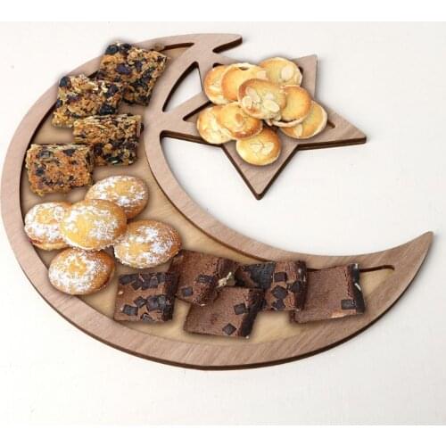 Rustic Wooden Crescent Moon Srar Eid Ramadan Party Food Serving Tableware Dessert Pastry Tray Display Holder Decor Ornament