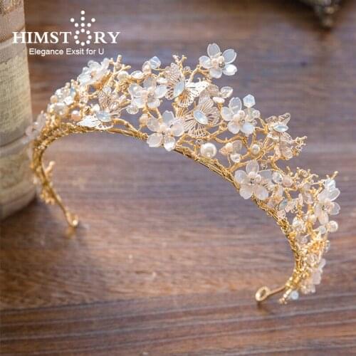 HIMSTORY Luxury Handmade Gold Princess Flower Butterfly Crstyal Hair Crown Fairy Bridal Wedding Hairwear Hair Accessory