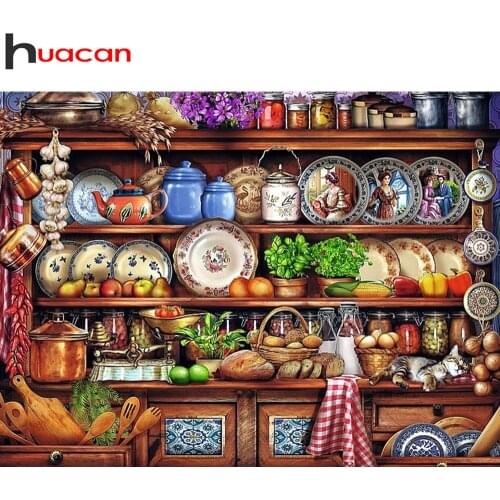 Huacan 5d Diy Diamond Painting Kitchen Scenery Diamond Art Embroidery Mosaic Cup And Plate Shelf Home Decor